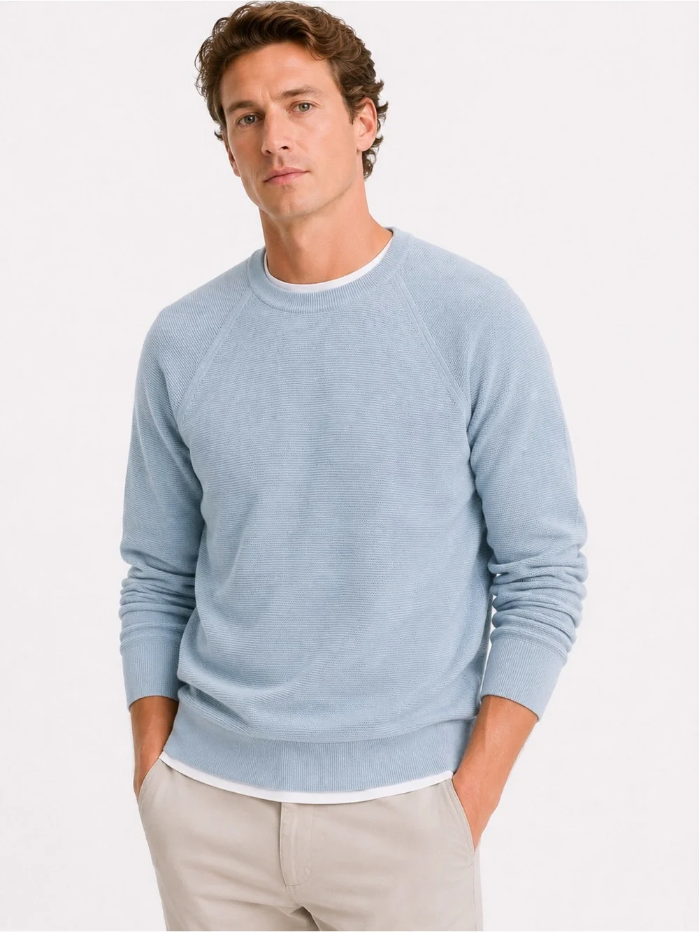 J.Crew Textured Cotton Crewneck Sweater Heather Light Blue NWT Sz Medium Knit